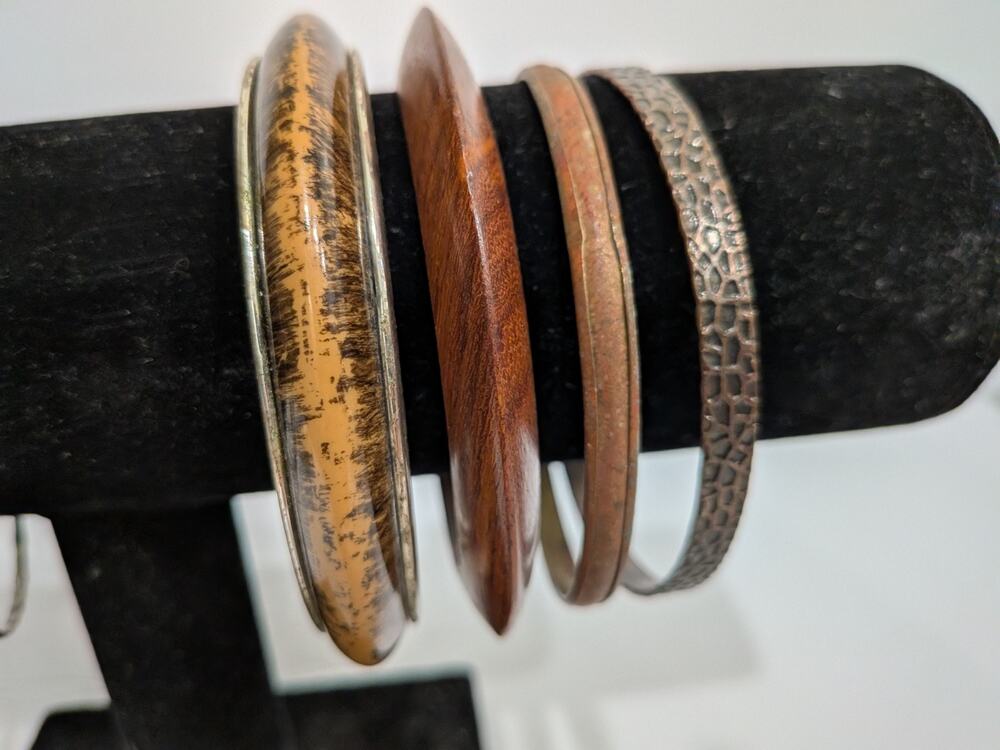 Vintage Mixed Bangle Bracelet Lot Set 4 Wood Faux Tortoise Shell Copper Brass